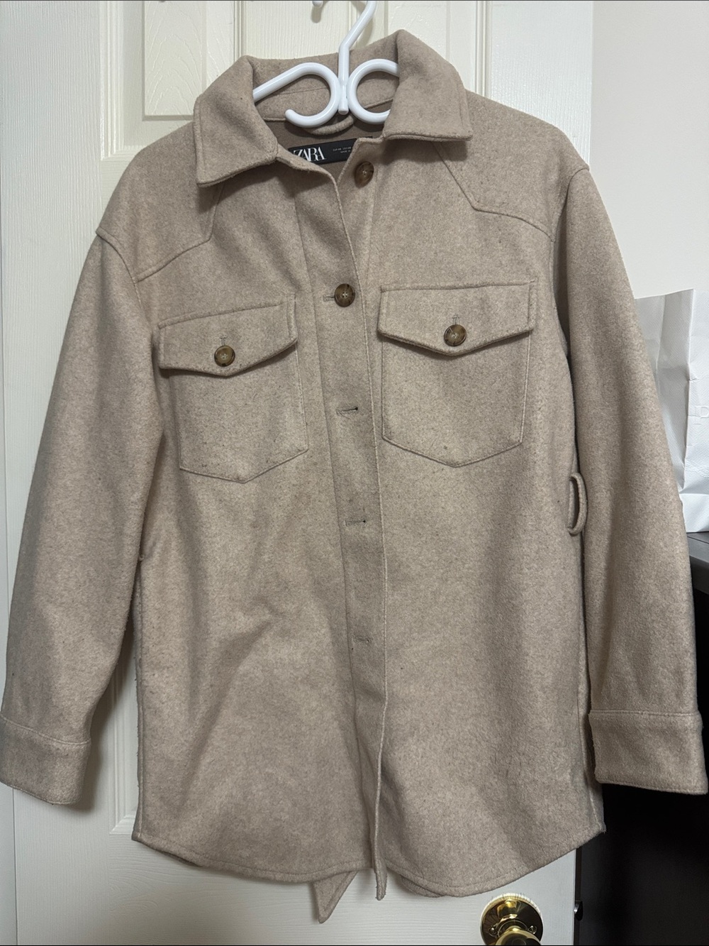 Zara Beige Wool-Blend Shacket Jacket